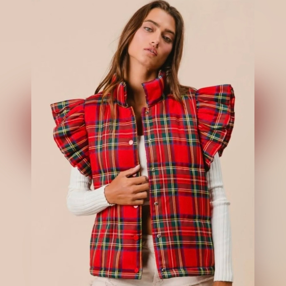 Scotch Plaid Red Puffer Vest Sz Xl NEW